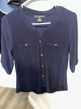 Elie Mccarthy Navy Button-Front Blouse with Gold Buttons